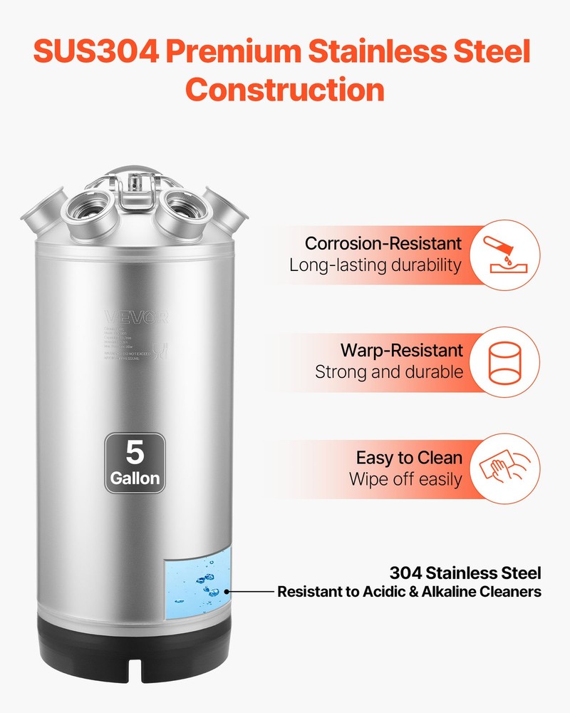 VEVOR Cleaning Keg 5 Gallon Beer Lines Cleaner with 4 D Couplers & Rubber Base
