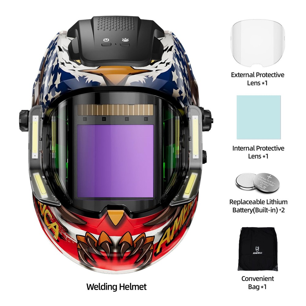 Welding Helmet with 4 LED Light, Panoramic Large Viewing Screen 3.94"X3.74" T...