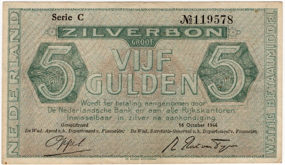Netherlands 1944 5 Gulden P63 VF+