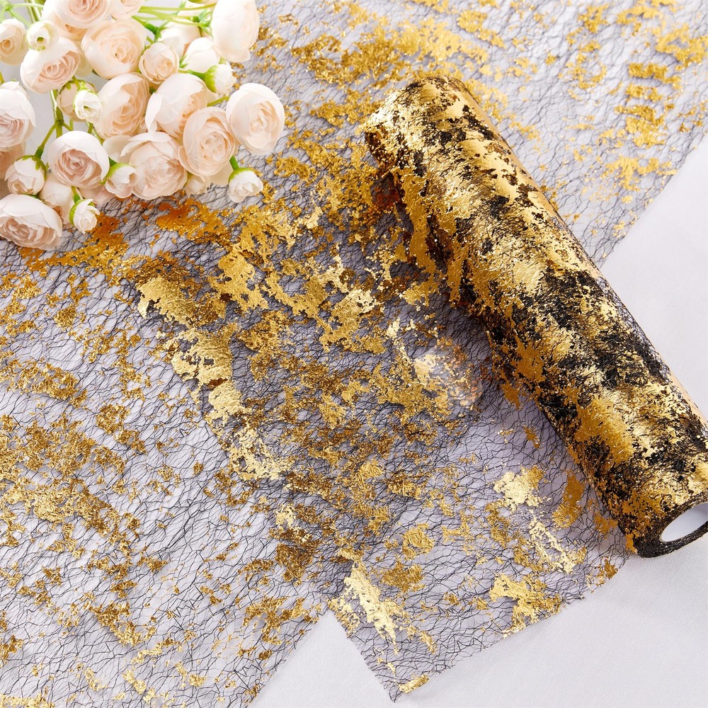 Black Gold Table Runner 33 Ft Metallic Foil Thin Mesh Sequin Glitter 1 Roll
