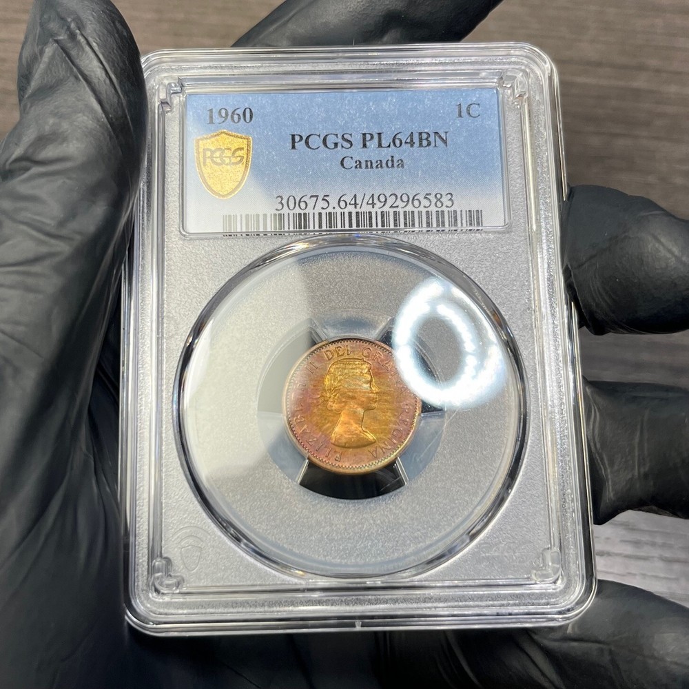 PL64BN 1960 1C Canada Maple Leaf Proof Cent, PCGS Trueview- Rainbow Toned