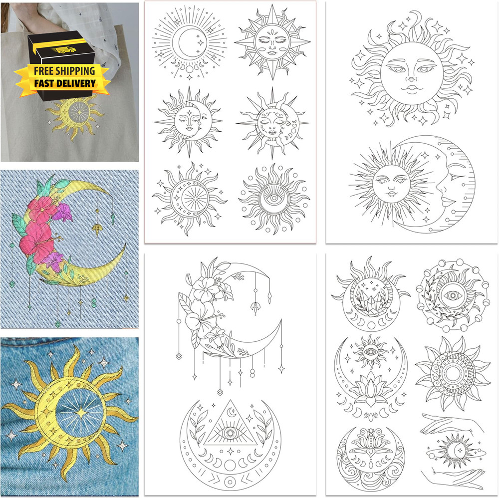 4 Sheets Sun and Moon Pattern Water Soluble Hand Sewing Stabilizers for Fabric E