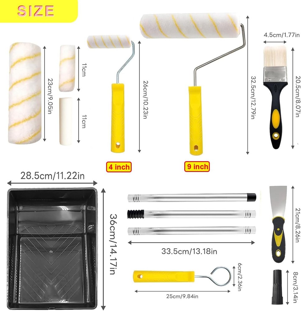 11-Piece Professional Paint Roller Kit - 9" & 4" Rollers with Extension Pole & T