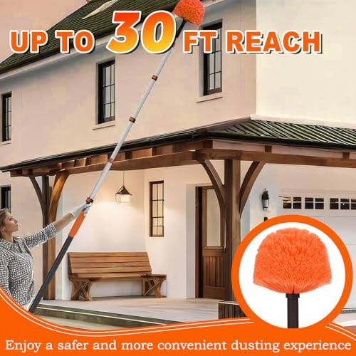 30FT Reach Cobweb Duster with Extension Pole, High Ceiling Long Duster 24FT