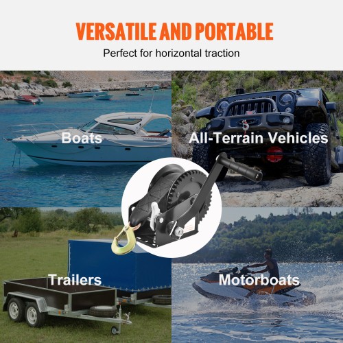 Hand Winch 1200lb, 23ft Polyester Strap & Two-Way Ratchet