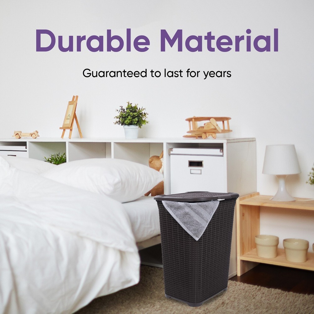 Plastic Laundry Hamper with Lid 50 Liter , Brown 3 Pack Knit Designed, Durable