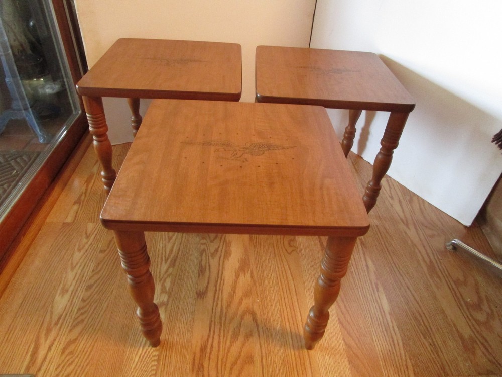 Vintage MCM Set 3 nesting/Stackable Formica wood Tables Eagle Patriotic 1960's