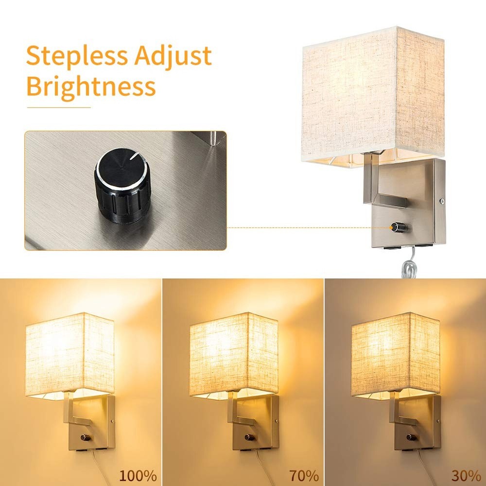 Bedside Wall Mount Light with Dimmer Switch and Two USB Charging Port,Fabric ...