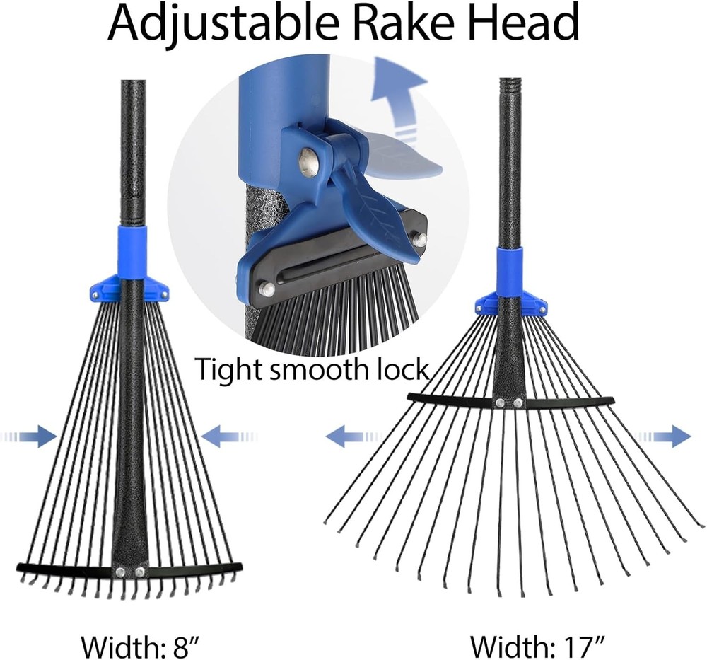 Professional Adjustable Leaf Rake - Heavy Duty, Collapsible Long Handle (30-58")