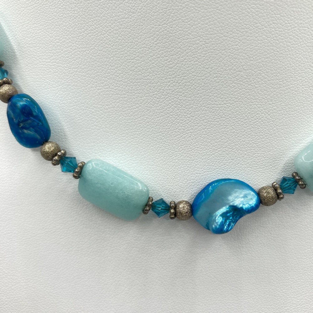 Handmade Blue Glass Bead Shell Chip Strand Necklace Silver Toggle Closure 19"
