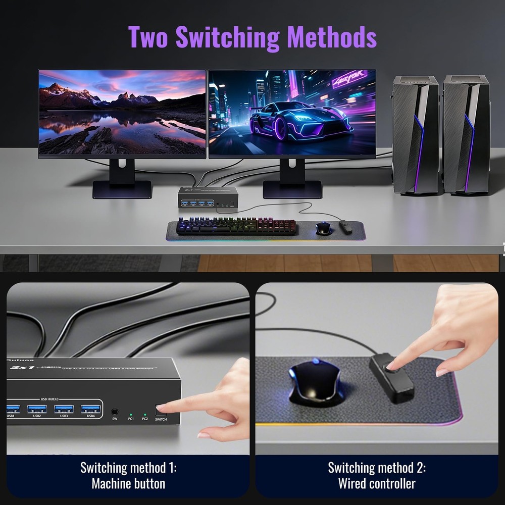 Ouluoa KVM Switch 2 Monitors 2 Computers, 4K@60Hz,Simulation EDID, USB 3.0 KV...