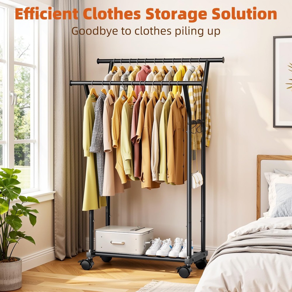 Double Rods Clothes Rack for Hanging Clothes, Rolling Clothing Rack with Side...