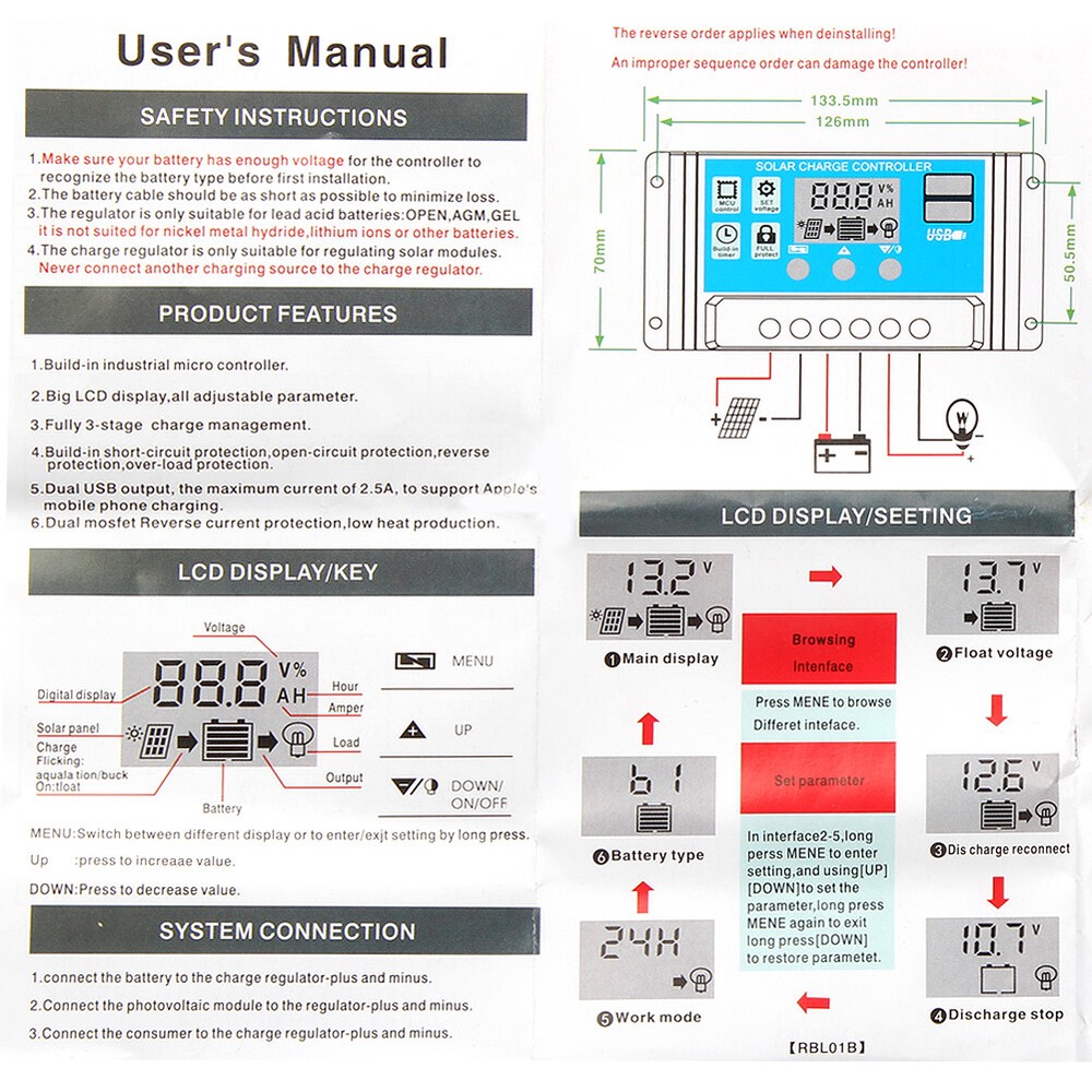 Solar Panel Charge Controller Regulator 12V/24V Auto 30A Battery Regulator LCD