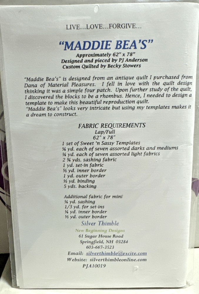 Maddie Bea’s Silver Thimble/New Beginning Designs Quilt Pattern