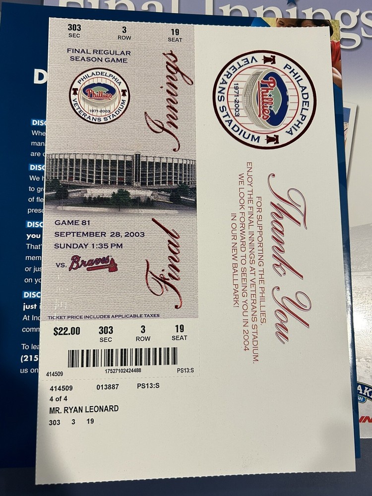Philadelphia Phillies Final Game / Innings Program Veterans Stadium Ticket Stub