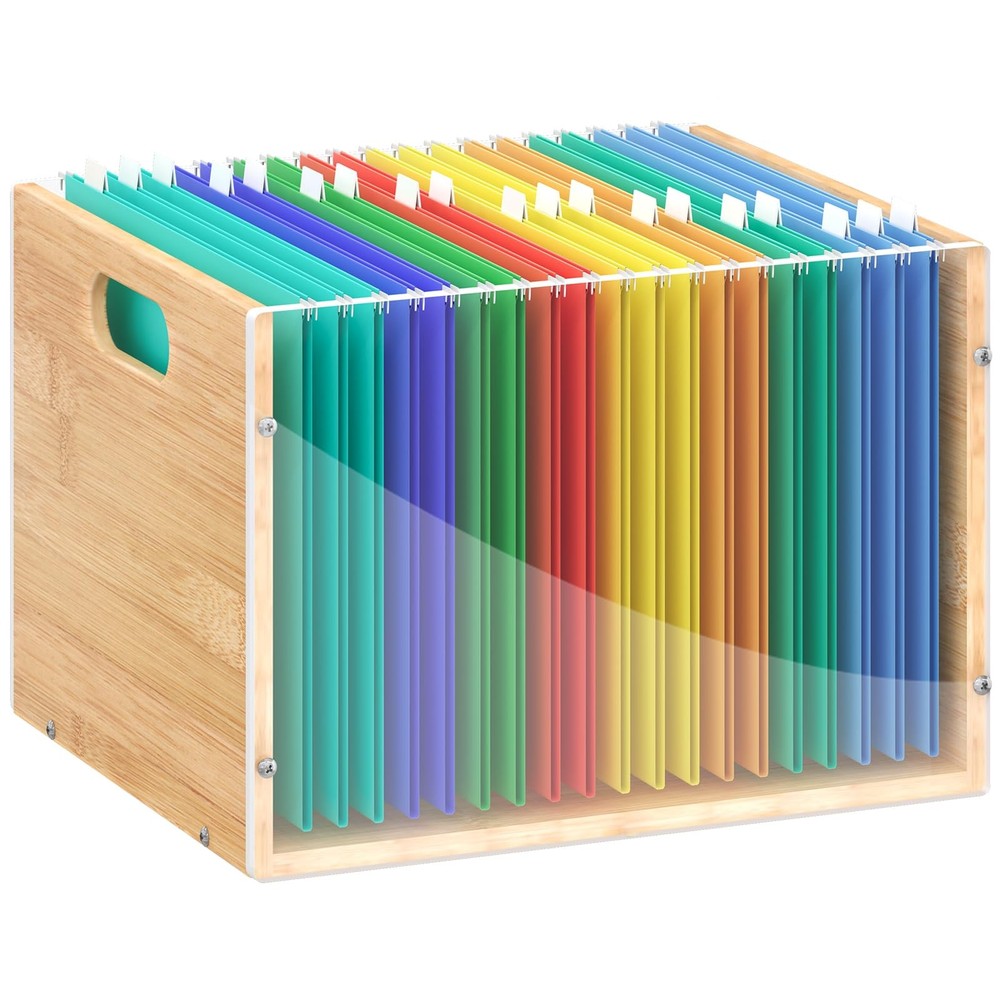Clear Acrylic File Box Organizer, Bamboo Hanging Folder Storage Boxes, Filing