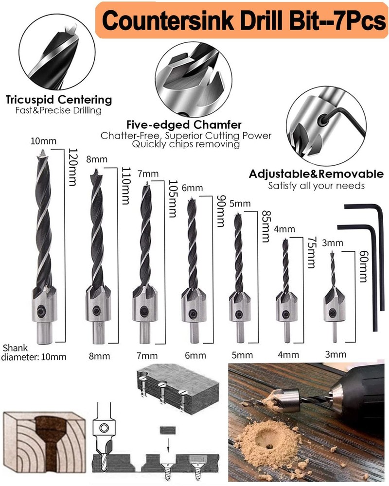 34 Pack Wood Working Chamfer Drilling Tools, 6 Countersink Drill Bit Set, 7...