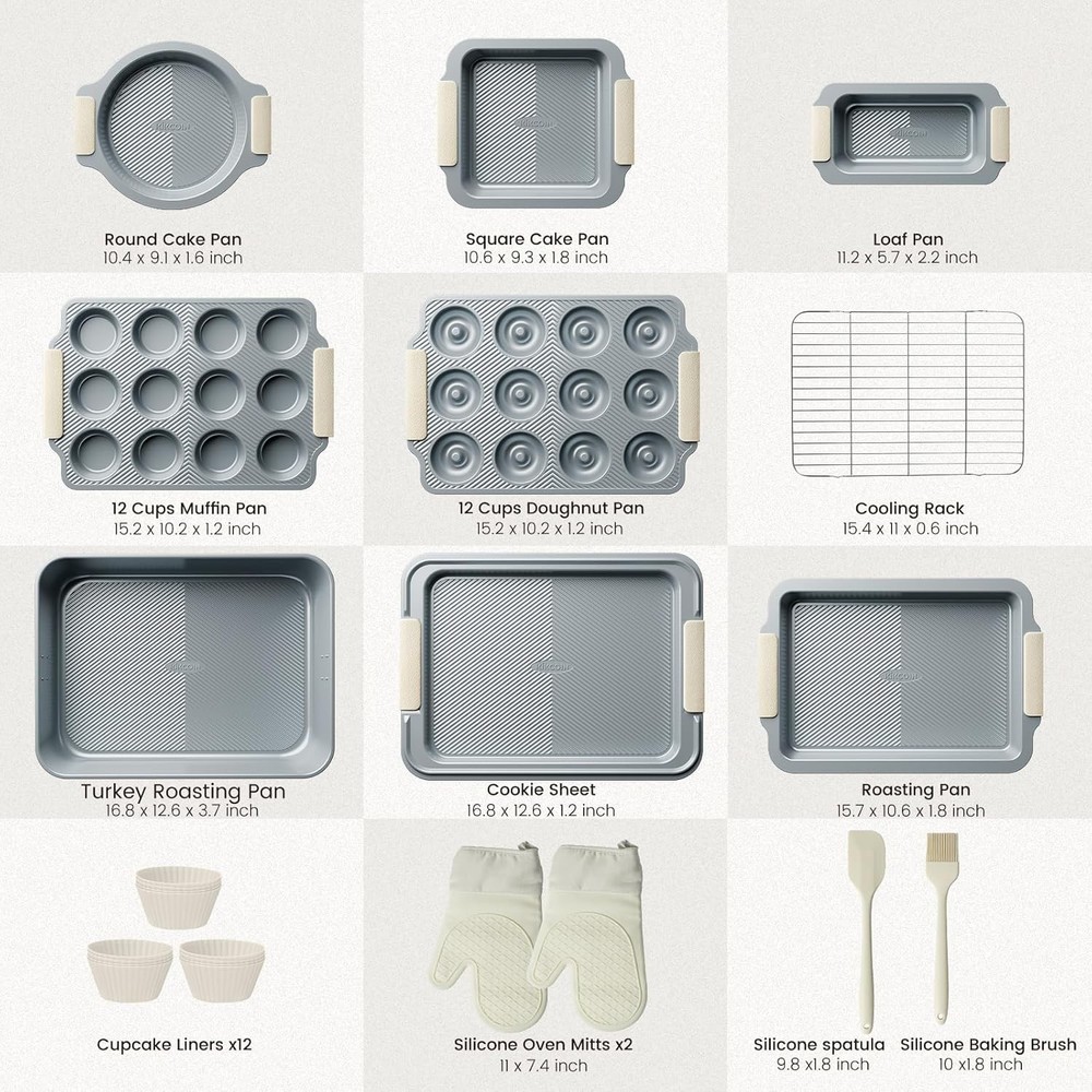 25 PCS Stackable Baking Pans Set Non-stick Bakeware Sets W/ Silicone Handles