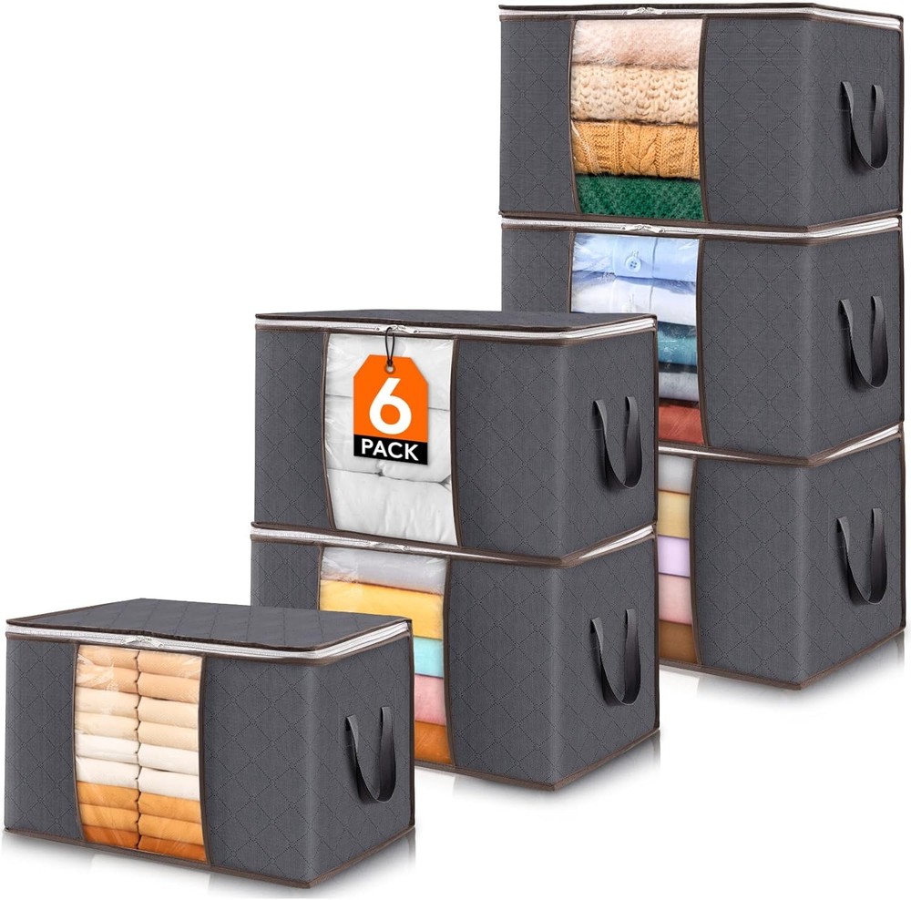 Foldable Clothes Storage Bins 6 Pack with Lids & Handles 60L Blanket Organizer
