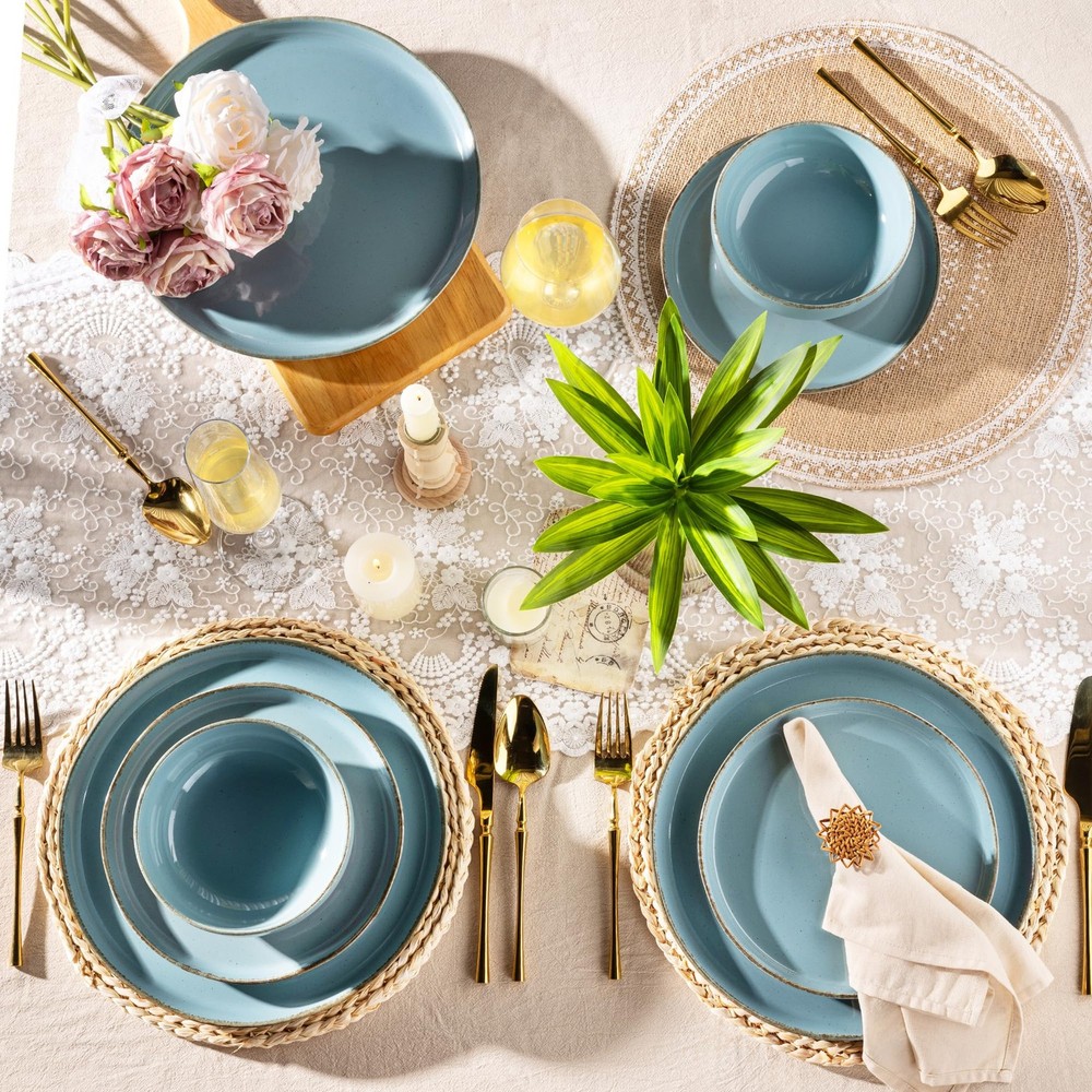 AmorArc Ceramic Dinnerware Sets for 4, 12 Pieces For 4(12Pcs), Stone Blue