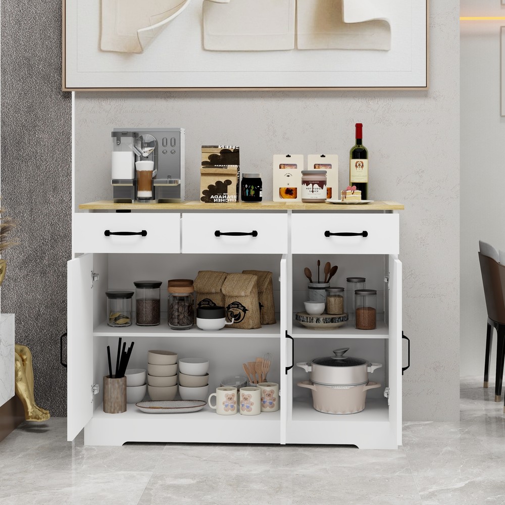 White Buffet Cabinet with 3 Drawers and 3 Doors - Dining Room Kitchen Storage