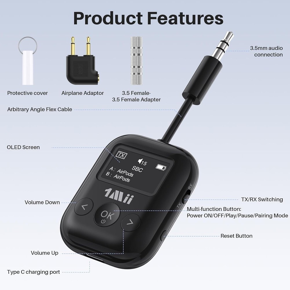 1Mii SafeFly Min+ Bluetooth Transmitter and Receiver, Bluetooth Adapter (BLACK)