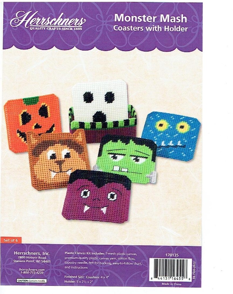 MONSTER MASH COASTERS & HOLDER  7ct plastic canvas  PATTERN  (#TF0383)