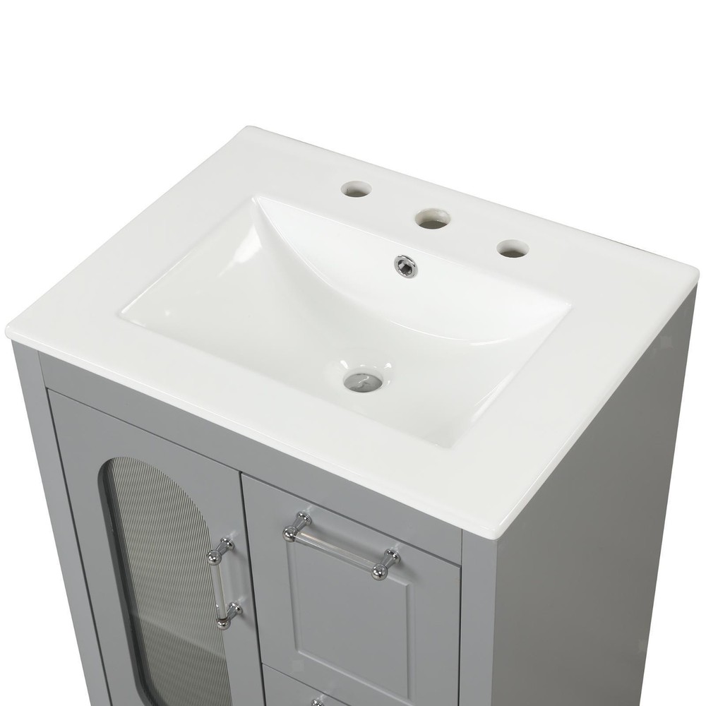 Grey 24" Bathroom Vanity with Solid Wood Frame, Smooth Ceramic Basin, Adjustable