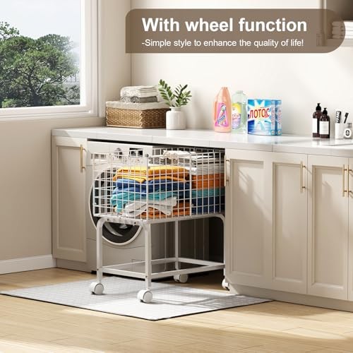Wire Laundry Hamper Cart,80L Laundry Hamper Trolley with Medium Oblong-White