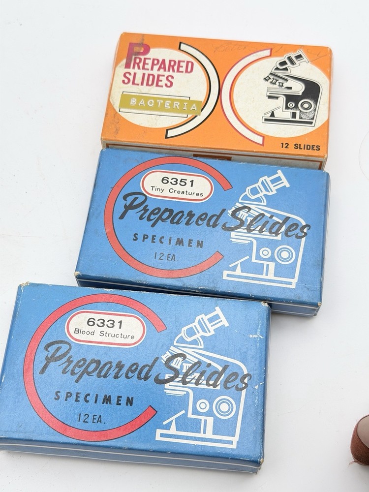 Vintage Gilbert Microscope w/ 3 Prepared Slide Sets Blood Bacteria Tiny Creature