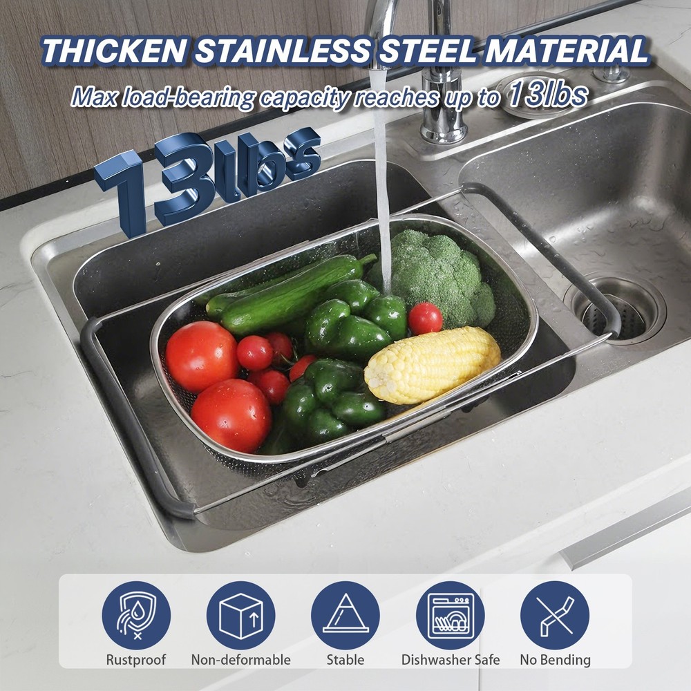 tatsyWay Over The Sink Colander Stainless Steel Oval Fine Mesh Strainer Kitchen