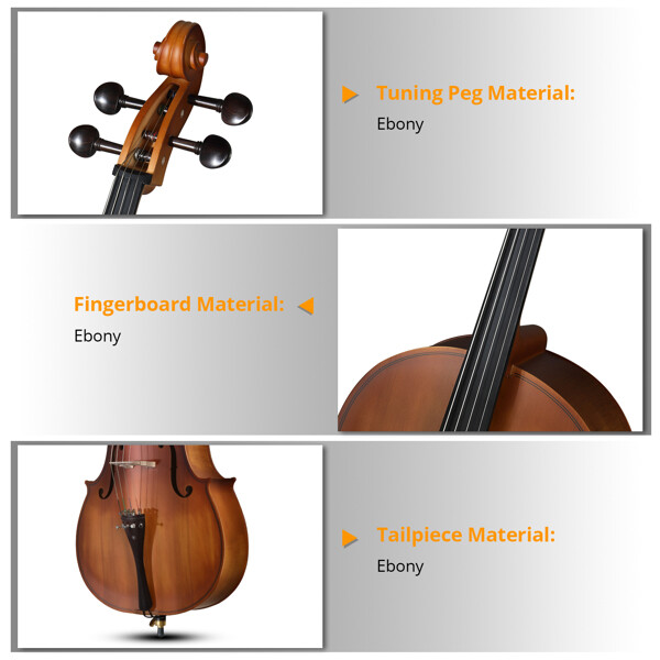 Natural Color Spruce Panel Cello with Bag Bow Rosin Bridge Strings Full Side 4/4