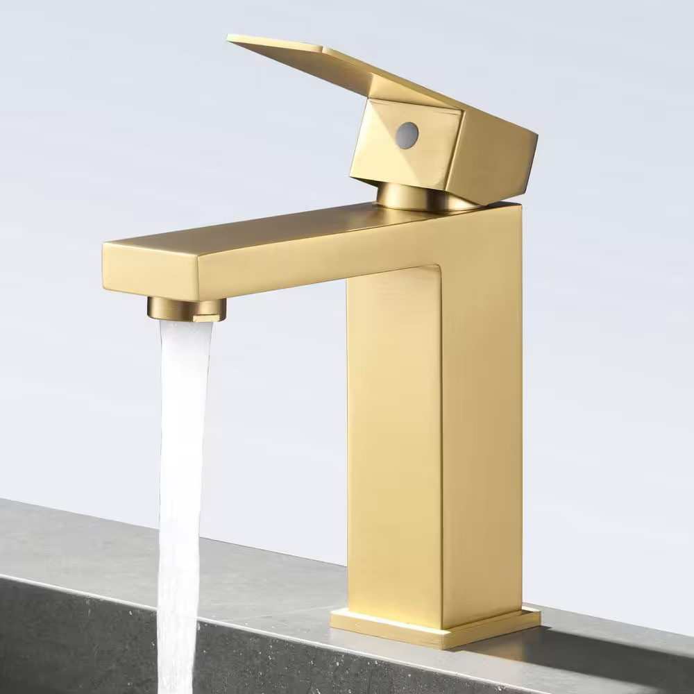 Square Single Handle Single Hole Bathroom Faucet in Brushed Gold