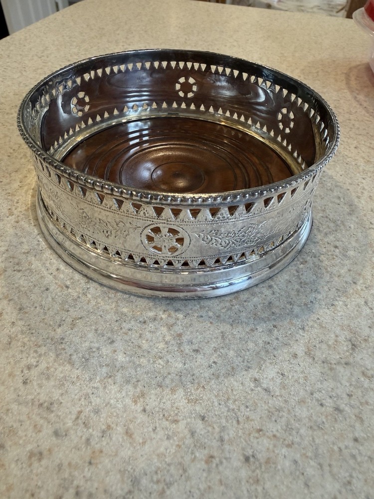 Vtg Silver Plated Neoclassical Wine Coaster With Walnut Insert Unbranded