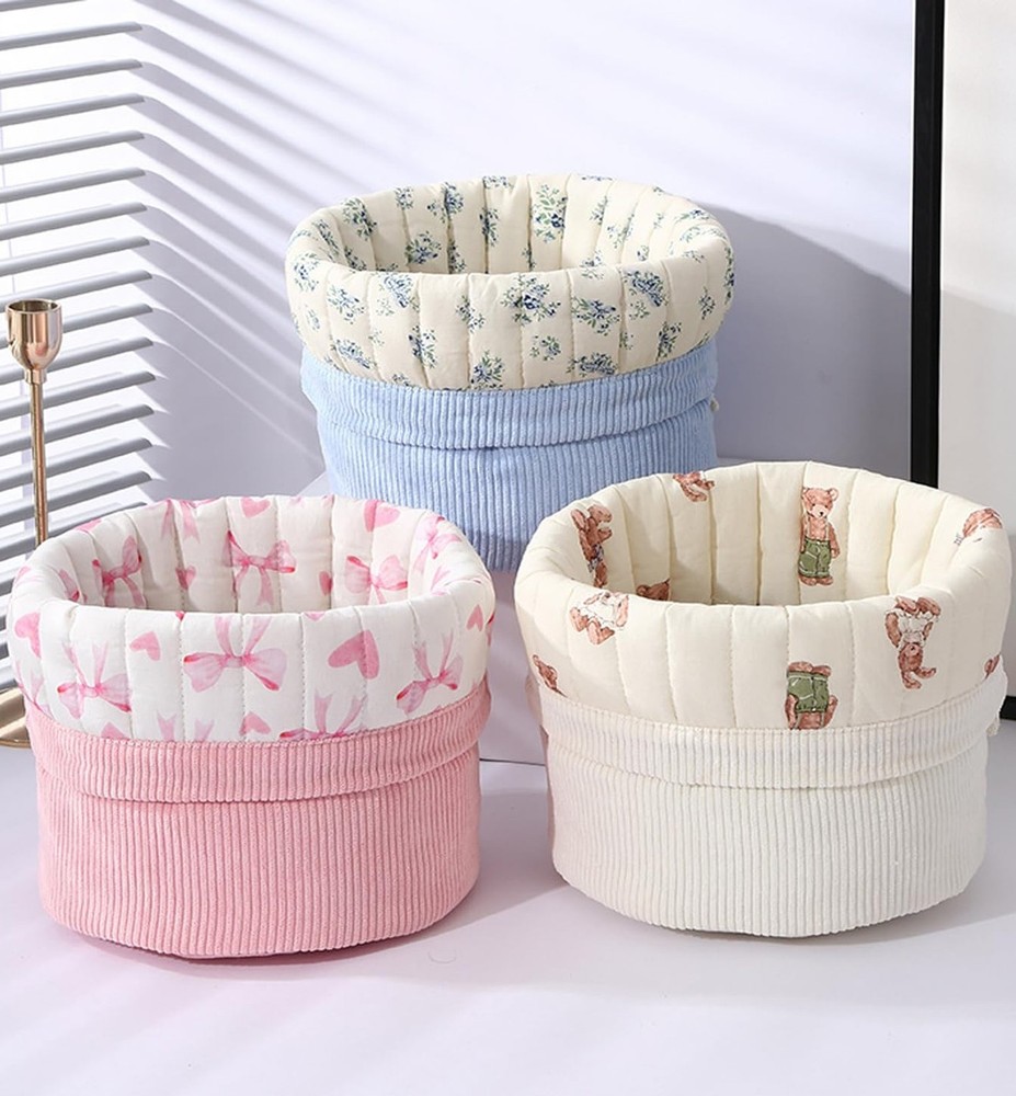 Aesthetic Quilted Cotton Drawstring Makeup Bag with Corduroy Lining，Coque