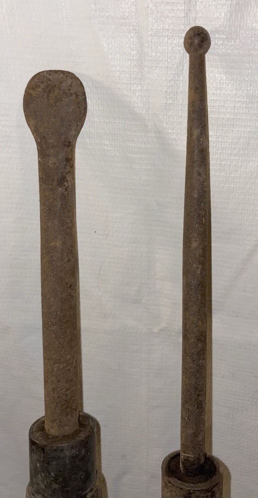 PAIR OF PRIMITIVE WOOD HANDLE TOOLS POSSIBLY SPUD & SHAPING OR MASHING TOOL