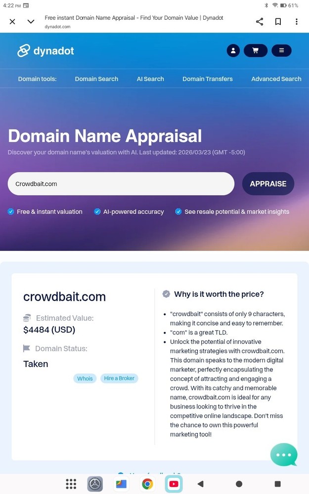 💥 CROWDBAIT.COM PREMIUM DOMAIN NAME VALUED AT $1473.00-$4484.00 GODADDY, ATOM