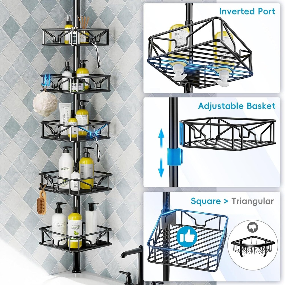 Adjustable Corner Shower Basin Organizer with Hooks,Rustproof Tension Rods