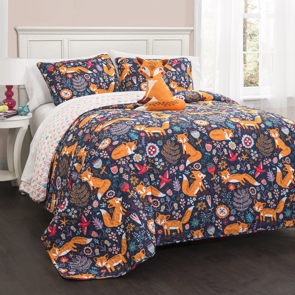 Lush Decor Pixie Fox Reversible Quilt Set, Twin, Navy & Orange - 3 Piece