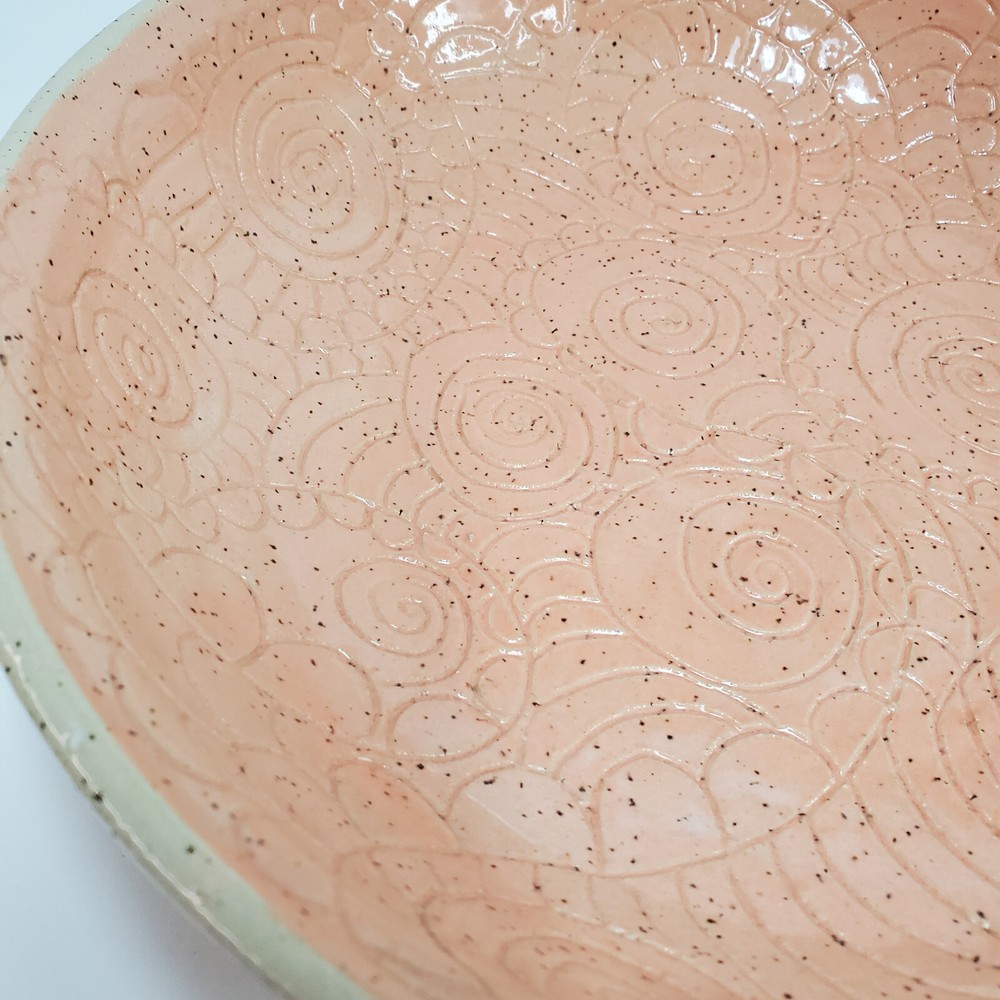 Signed Large Peach Studio Art Ceramic Bowl with Engraved Circle Pattern
