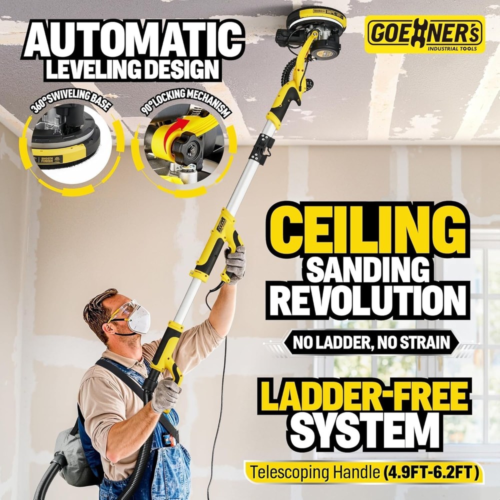 Professional Electric Drywall Sander - Variable Speed, Vacuum System & LED Light