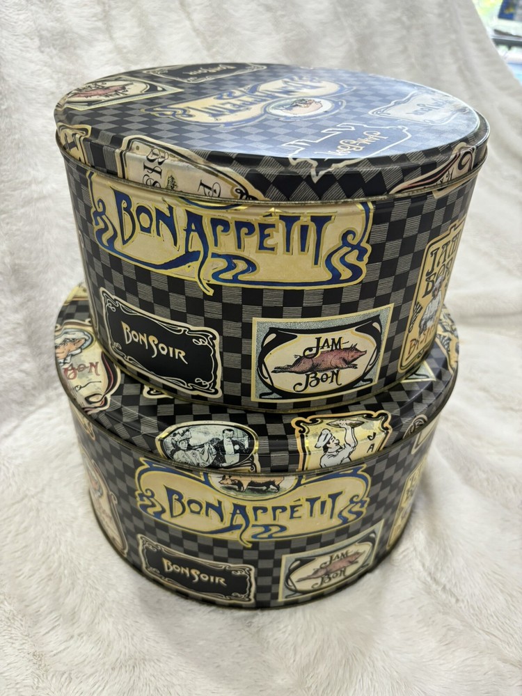 Two Department 56 Round Jam Bon Pig Tin Boxes
