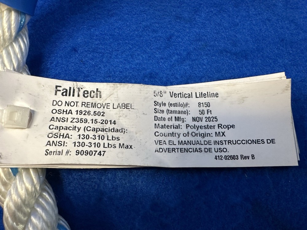 FALLTECH 8150 Vertical Lifeline 50’ W/Snap Hook