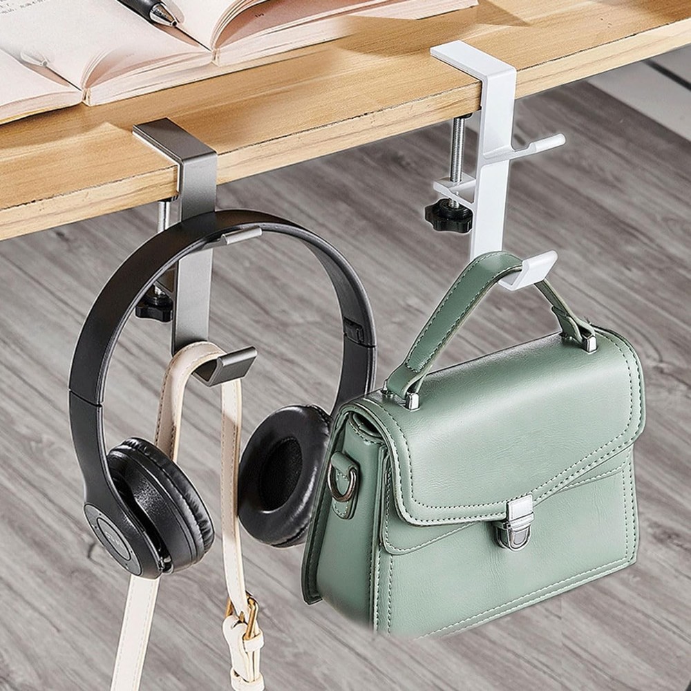 2Pcs Clamp-On Under Desk Headphone Holder Backpack Hook Students' Black