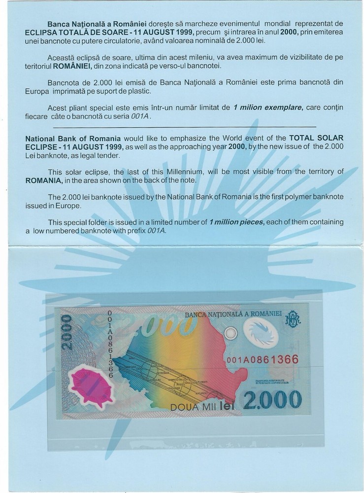 2000 lei Banknote - Total Solar Eclipse 1999, Europe The First Polymer Banknote