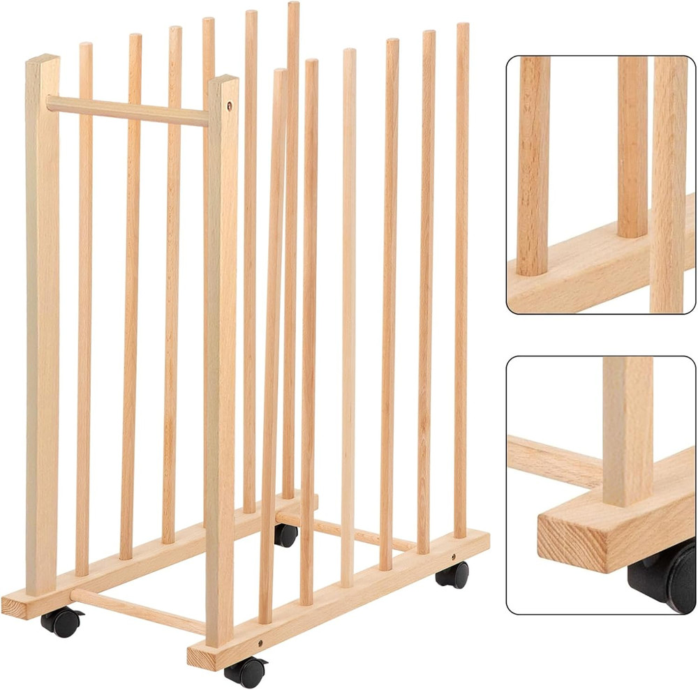 Art Drying Rack on Wheels - Solid Wood Stand for Canvas and Artwork Display