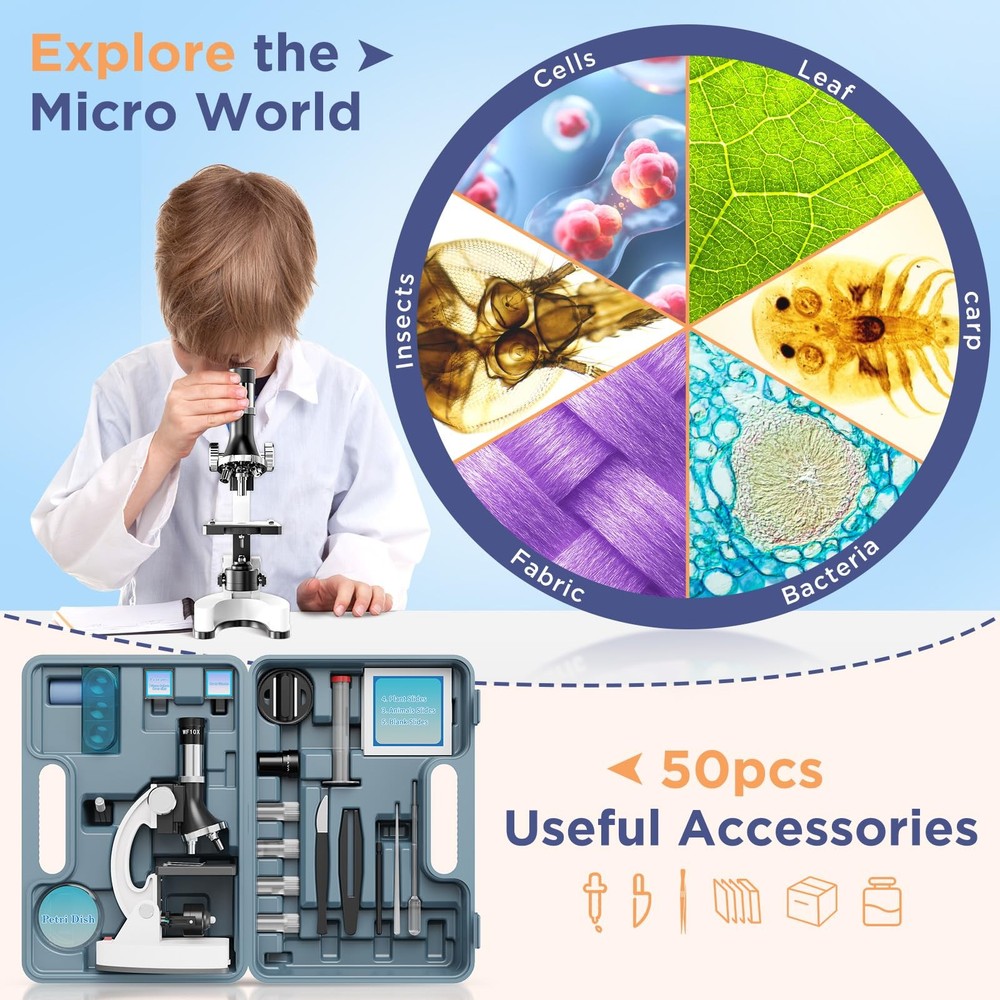 100X-1200X Kids Microscope Kit for Children: Compound Microscope for Kid STEM...