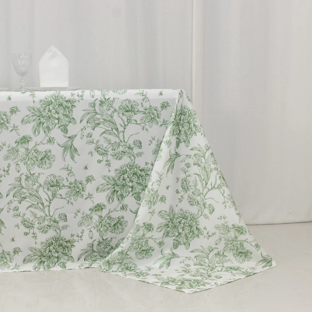 WHITE DUSTY SAGE 90" x 132" French Toile Polyester Rectangular Tablecloth