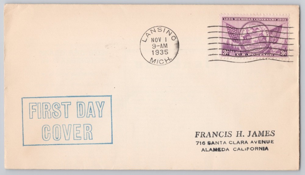 Lansing, Michigan First Day Cover, Centenary 3c Issue, 1935