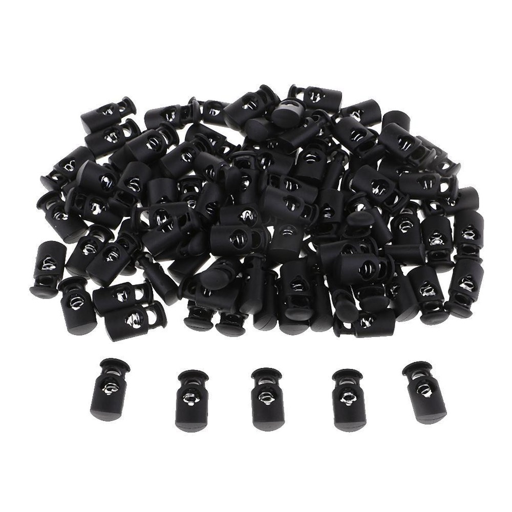 100pcs Black Single Hole String Cord Lock Toggle Spring Clasp Stop 100pcs 20mm